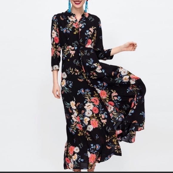 Zara Dresses & Skirts - Zara Floral Black Maxi Dress